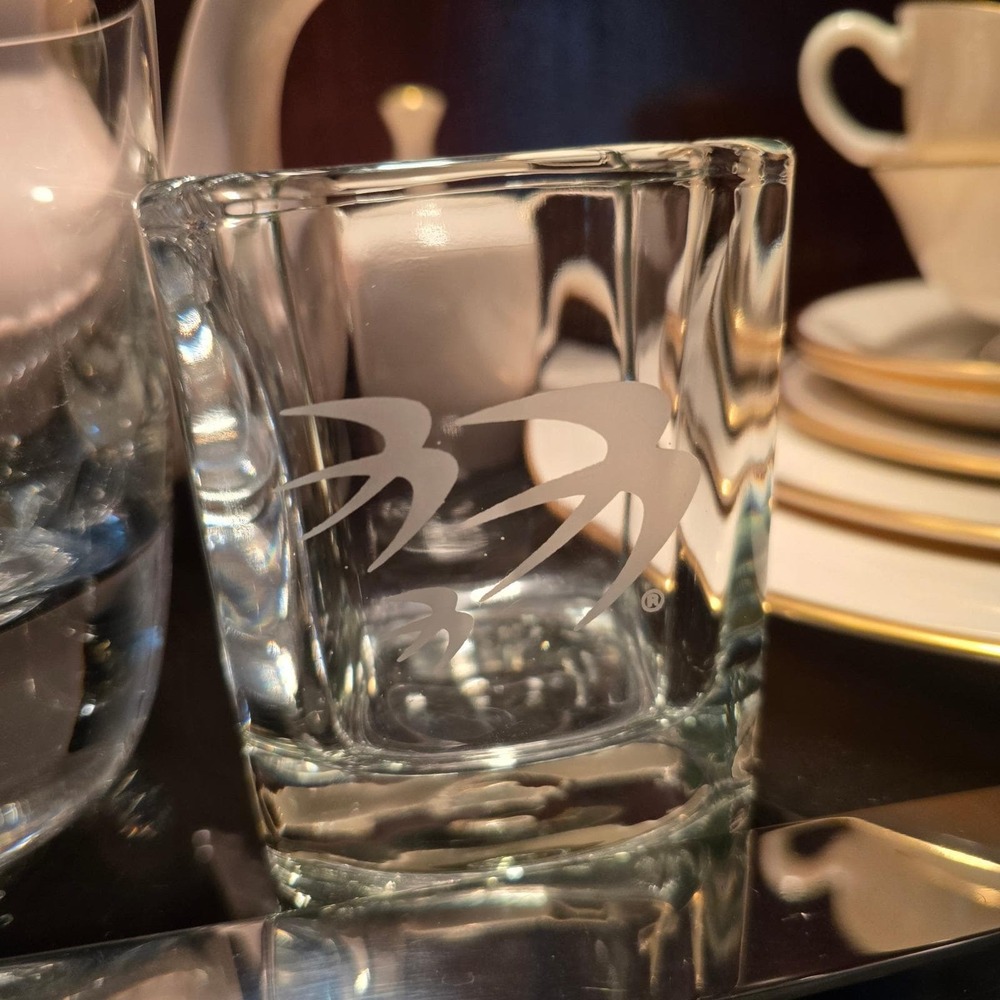 OZARK Airlines Set of 7 Square Etched Bird Logo Lowball Clear Glass MCM Barware - Picture 2 of 12